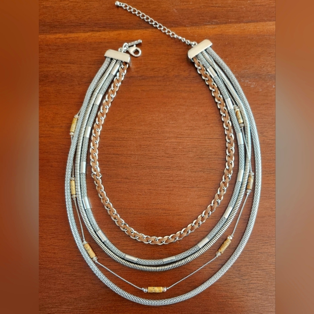 White House Black Market Five Strand Necklace Silver with suede cord & crystal
